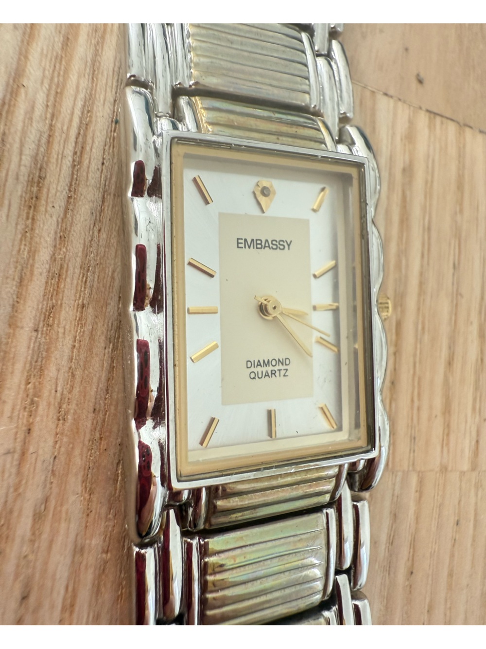 Embassy diamond quartz rectangular two tone watch NEW BATTERY